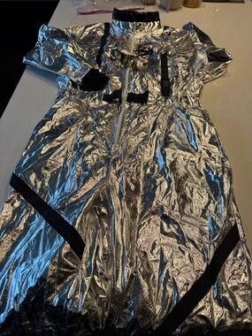 Men's Metallic Silver Casual Jumpsuit with Black Strap Accents see measurements